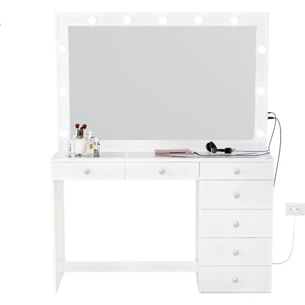 

Makeup Table, Built-in Light, 7 Drawers, Mirror, White Dressing Table in Bedroom, 58.2 '' High X 47.3 '' Wide X 16.9 ''