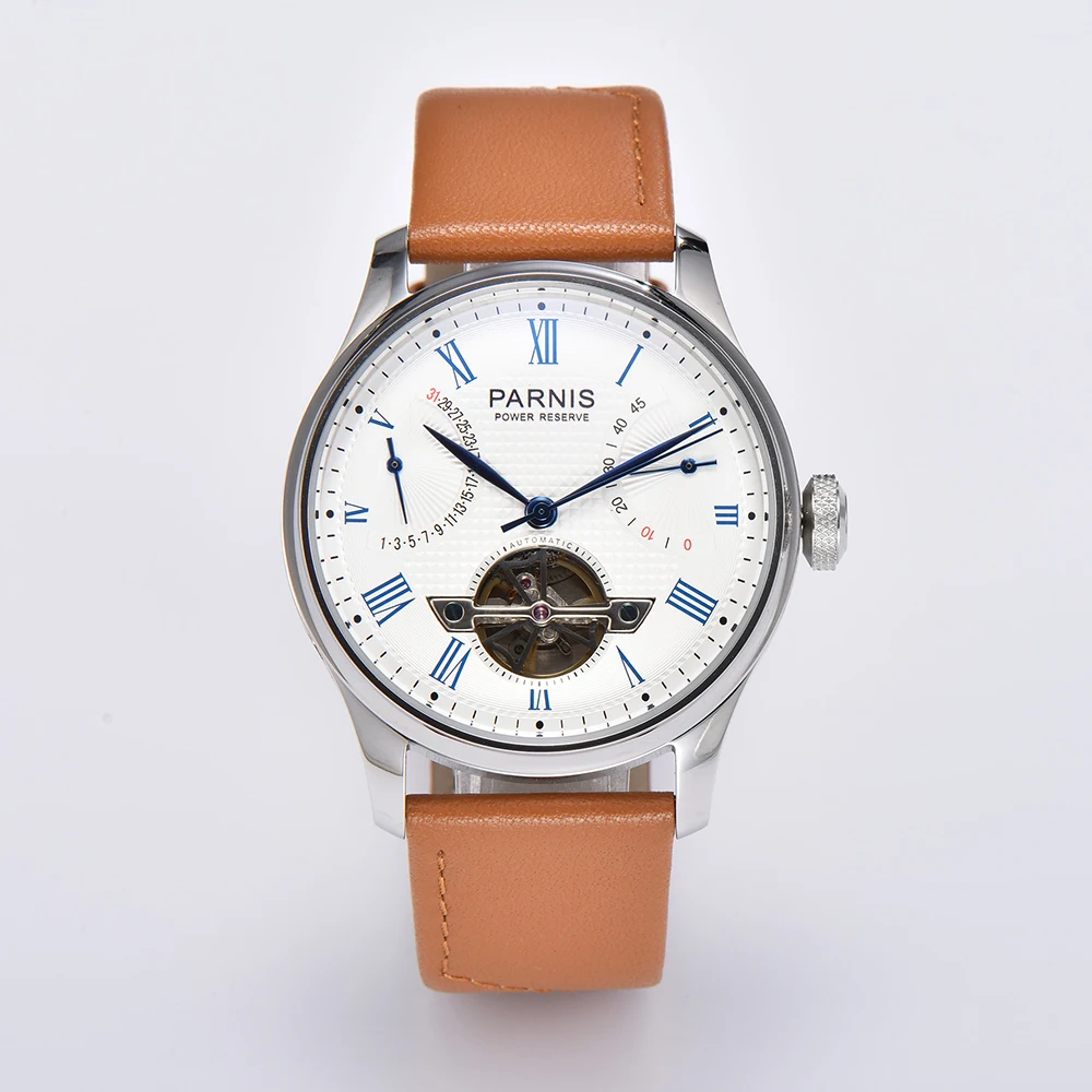 

Fashion Parnis 43mm White Dial Automatic Mechanical Men Watch Leather Strap Calendar Men's Sports Watches reloj hombre 2024 Gift