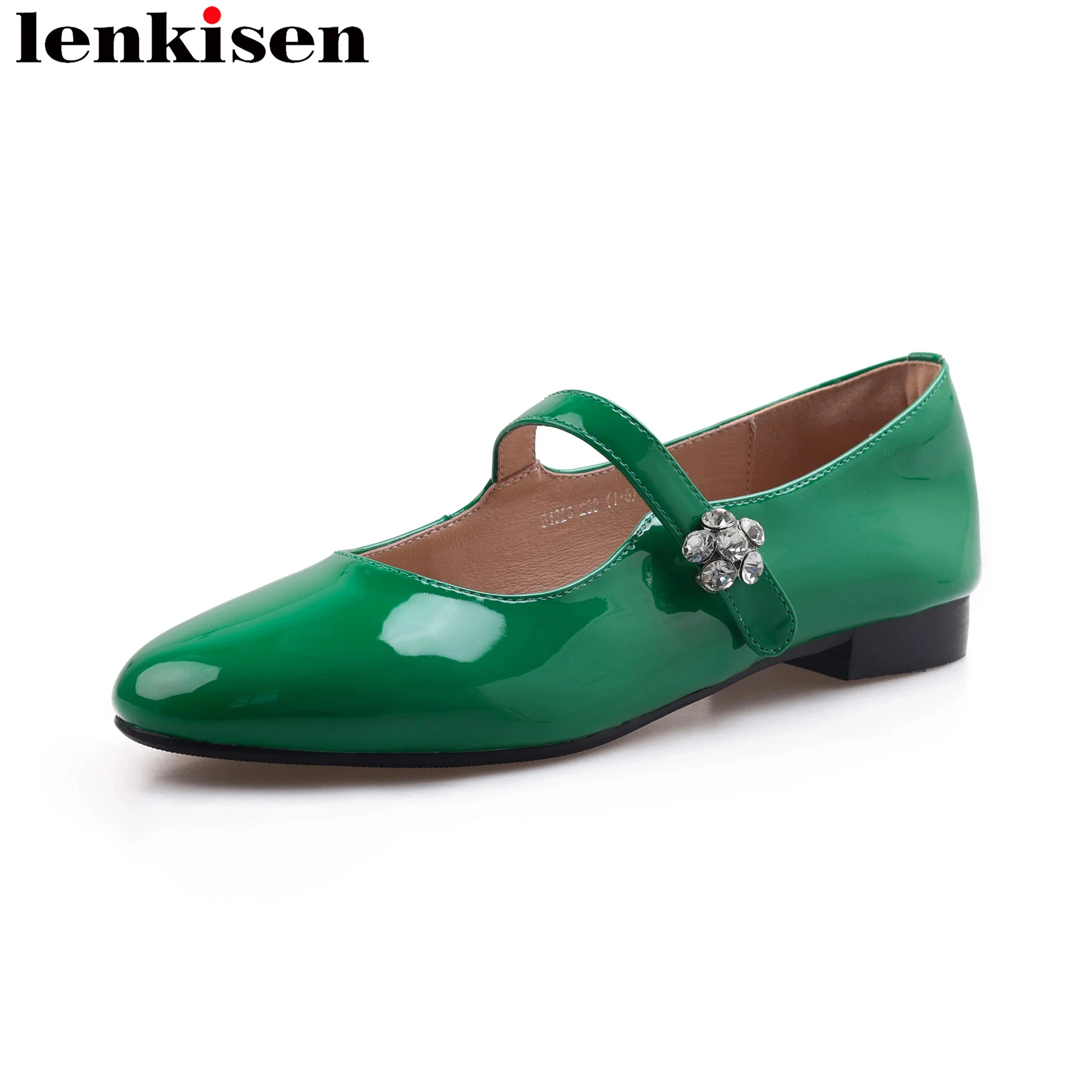 

Lenkisen Sheep Leather Crystal Round Toe Mary Janes Shallow Low Heels Spring Summer Elegant Office Lady Concise Women Ins Pumps