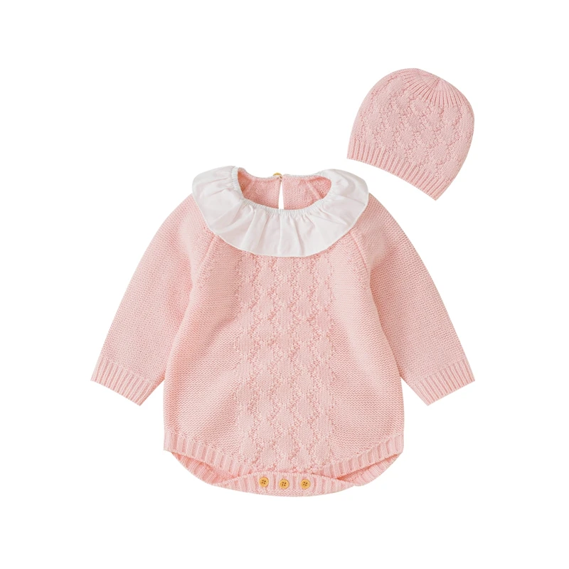 0-18M Cute Baby Girls Jumpsuits Outfit Patchwork Ruffle Collar Long Sleeves Knitted Romper Bodysuit and Beanie Hat Set
0-18M Cute Baby Girls Jumpsuits Outfit Patchwork Ruffle Collar Long Sleeves Knitted Romper Bodysuit and Beanie Hat Set