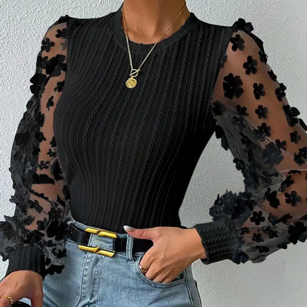 

Women Shirt See-through Mesh Flower Applique Round Neck Long Sleeve Solid Color Pullovern Soft Patchwork Twist Texture OL Commut