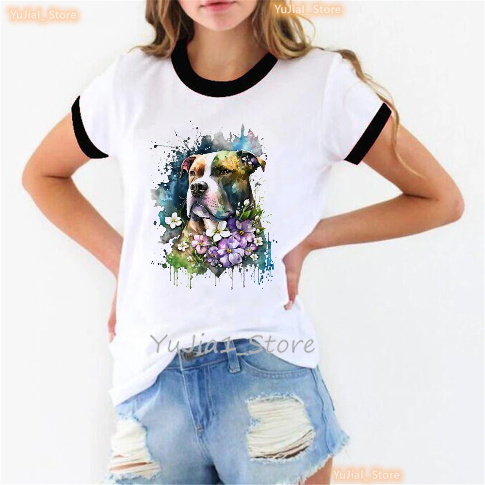 

Pitbulls Love Blue Floral Dog Print T Shirt Girls Yorkshire Terrier/Golden Retriever Tshirt Women Summer Kawaii Dog T-Shirt