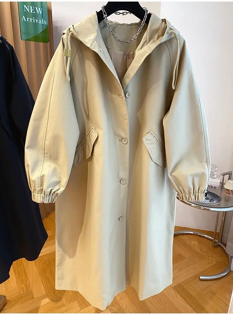 

Commuting design, loose fitting hooded long trench coat, women's spring and autumn clothing trench coat for women