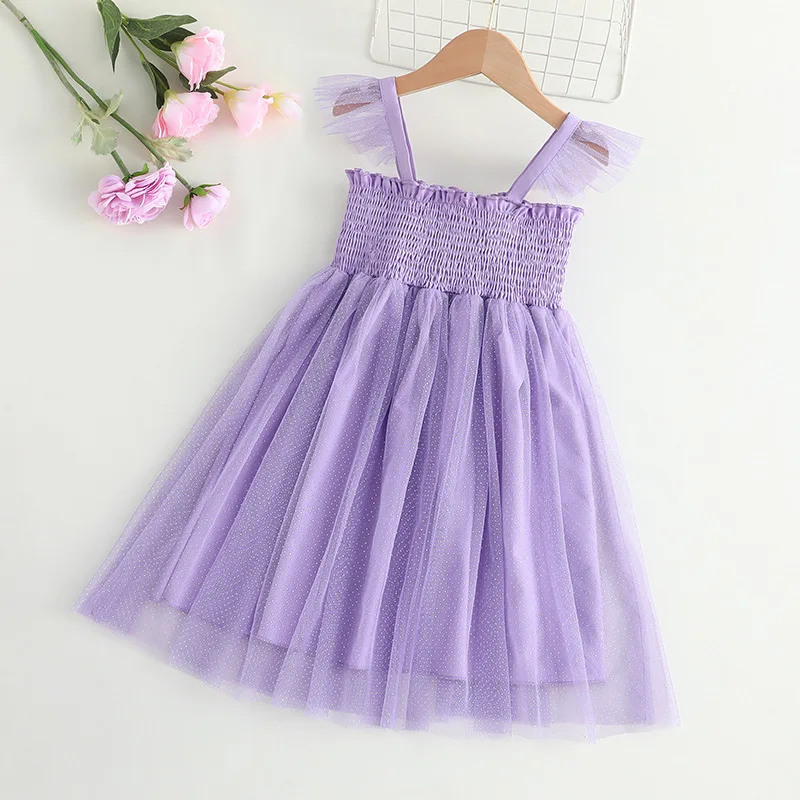 

2023 Summer New Arrival Girls Short Sleeve Ruffles Ruched Mesh Purple Cute Roupa Infantil Menina Cute Party Dress Custume 18M-7T