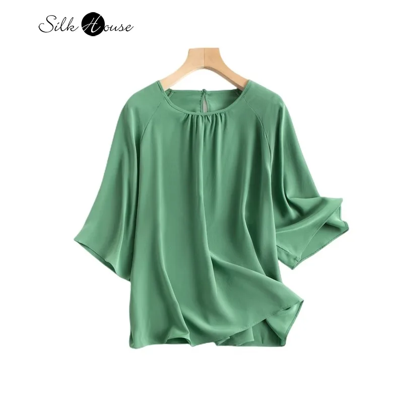 

2024 Women's Fashion Spring New 100%Natural Mulberry Silk 04Crepe De Chine Round Neck Versatile Three-quarter Sleeve T-shirt