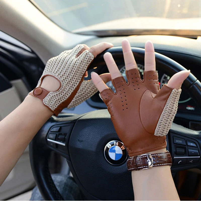 

Men Driving Gloves motorcycle locomotive Half Finger Sheepskin Gloves Knitted Leather Male Male Thin Unlined Knitting Mittens