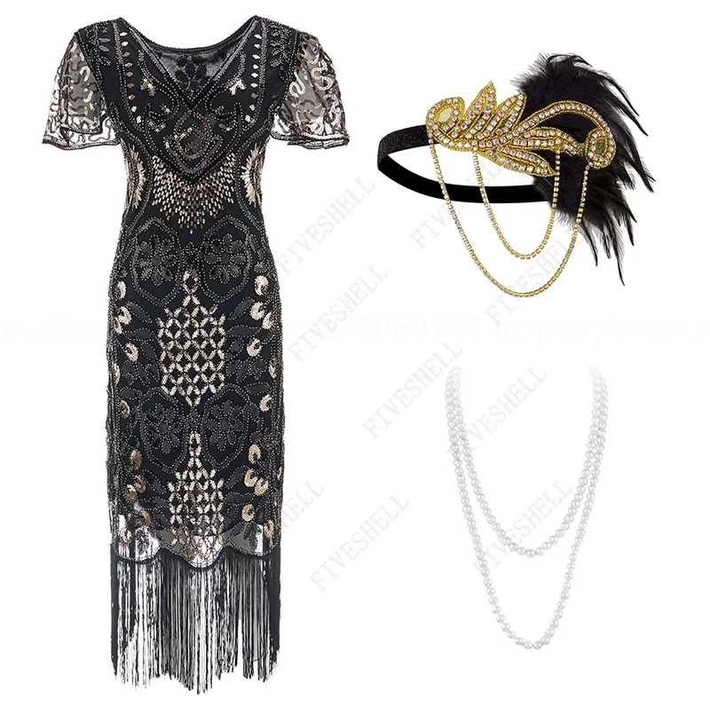 Women 1920s Costume Gatsby Cocktail Sequin Robe Vestidos Flapper Fringed Vintage Black Gold Dress with 20s Art Deco Accessories
Women 1920s Costume Gatsby Cocktail Sequin Robe Vestidos Flapper Fringed Vintage Black Gold Dress with 20s Art Deco Accessories