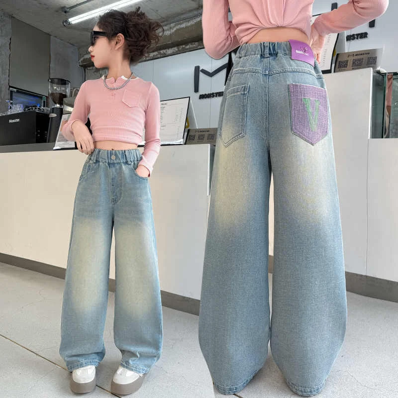 بنطلون جينز واسع الساق للفتيات بخصر مرتفع وطويل، ملابس أطفال عصرية متعددة الاستخدامات لفصل الخريف من ماركة يو بيجيا مع حزام مطرز بنطلون جينز واسع الساق للفتيات بخصر مرتفع وطويل، ملابس أطفال عصرية متعددة الاستخدامات لفصل الخريف من ماركة يو بيجيا مع حزام مطرز