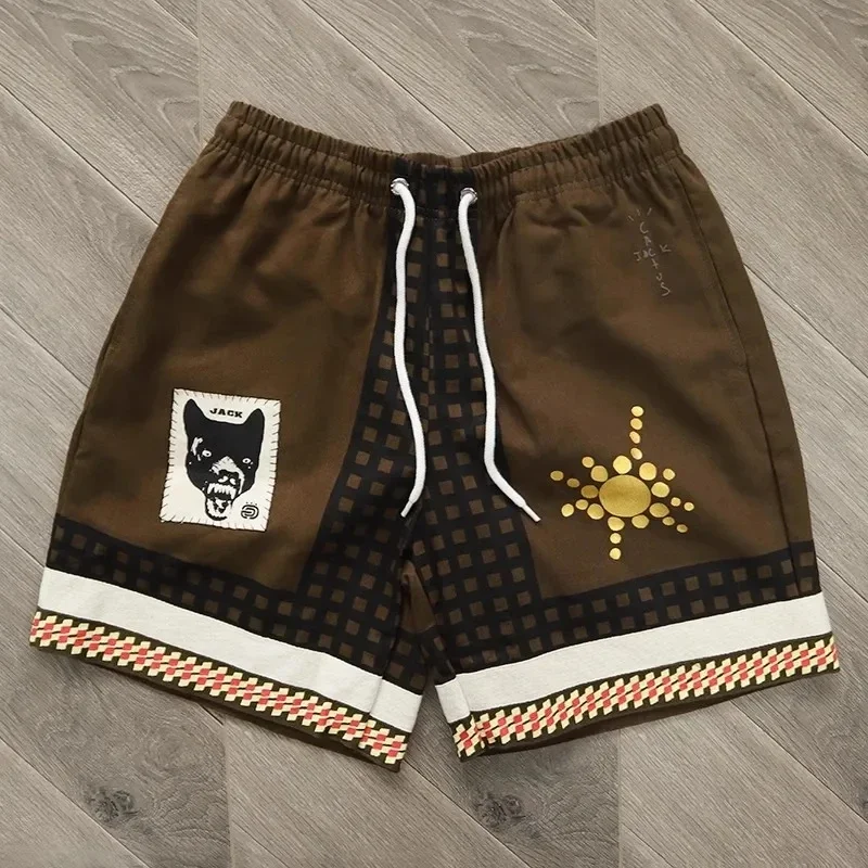 

Y2K Good Quality Cactus Jack Brown Wolf Shorts Men Cactus Jack Women Oversize Webbing Breeches