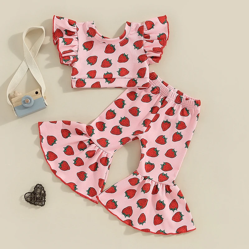 

2024-01-09 Lioraitiin Toddler Kid Baby Girls Clothes Sets Flying Sleeve Strawberry Print Crewneck Crop Tops Flared Pants Outfits