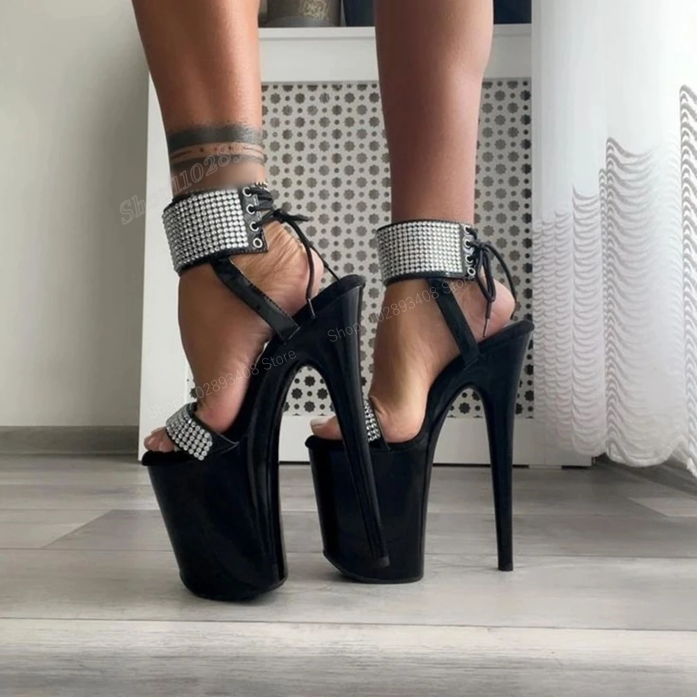 

Black Platform Crystal Design Strappy Sandals Peep Toe Stiletto High Heel Fashion Women Shoes 2024 New Sexy Zapatos Para Mujere