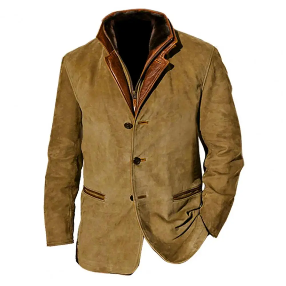 

Однотонная мужская куртка в стиле ретро, мужская куртка в стиле пэчворк с имитацией двух частей, однобортный Кардиган, плотный плюшевый Кардиган для мужчин