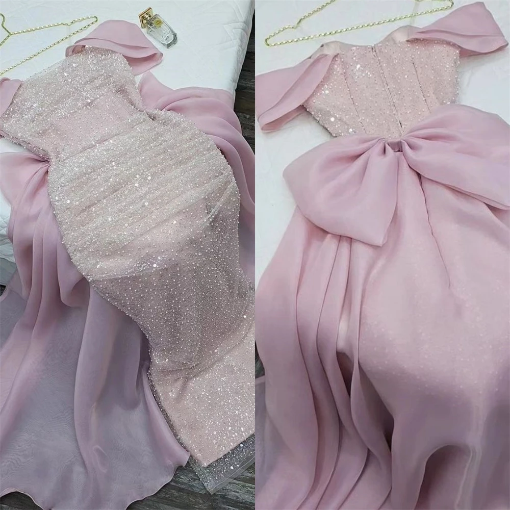 

Ball Dress Evening Saudi Arabia Organza Beading Bow Birthday A-line Off-the-shoulder Bespoke Occasion Gown Midi Dresses