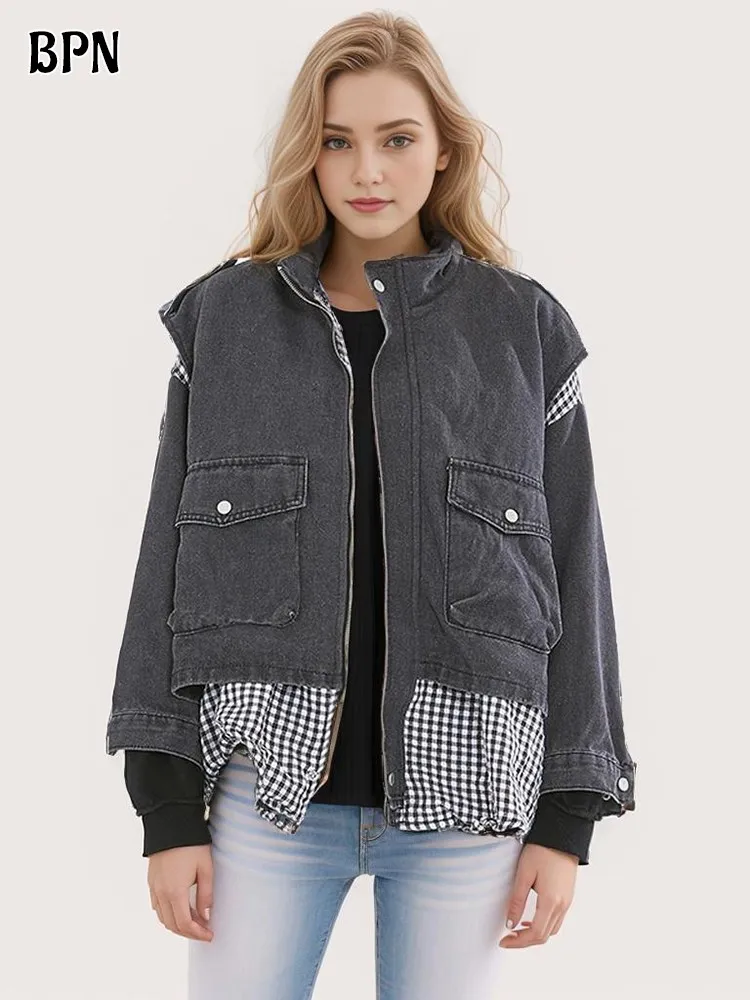 BPN Casual Patchwork Denim Jackets For Women Stand Collar Long Sleeve Spliced Pockets Hit Color Streetwear Loose Coat Female New
BPN Casual Patchwork Denim Jackets For Women Stand Collar Long Sleeve Spliced Pockets Hit Color Streetwear Loose Coat Female New