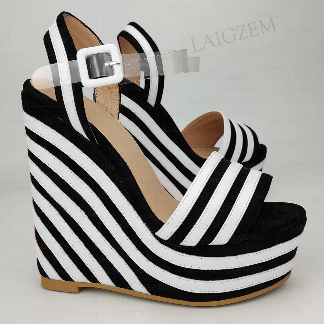 

LAIGZEM Women Sandals Platform Wedges Patchwork Open Toe Buckle Strap High Heels Pumps Ladies Shoes Woman Big Size 41 45 47 52