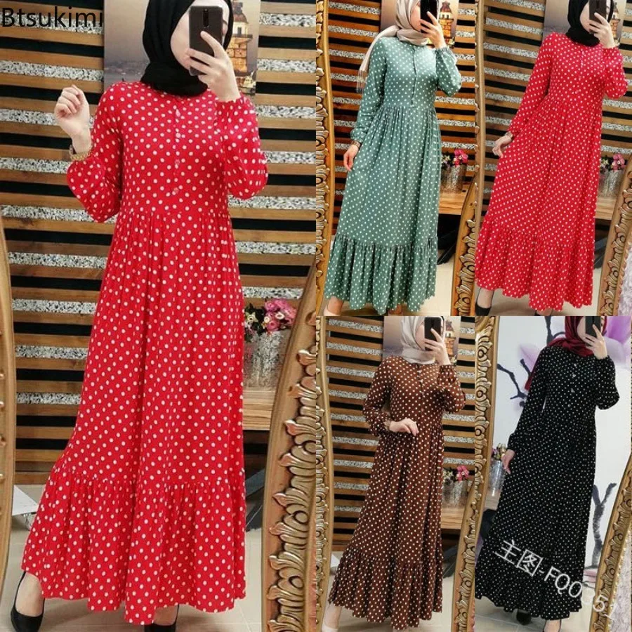 

Fashion New Classic Polka Dot Dress for Women Muslim Loose Long Sleeve Abaya Retro Ruffle Edge Big Swing Party Dress Turkey Robe