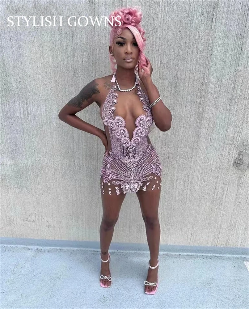 Sexy Black Girl Short Prom Dresses 2023 Luxury Pink Beaded Crystals See Through Women Diamond Mini Cocktail Gowns For Birthday
Sexy Black Girl Short Prom Dresses 2023 Luxury Pink Beaded Crystals See Through Women Diamond Mini Cocktail Gowns For Birthday