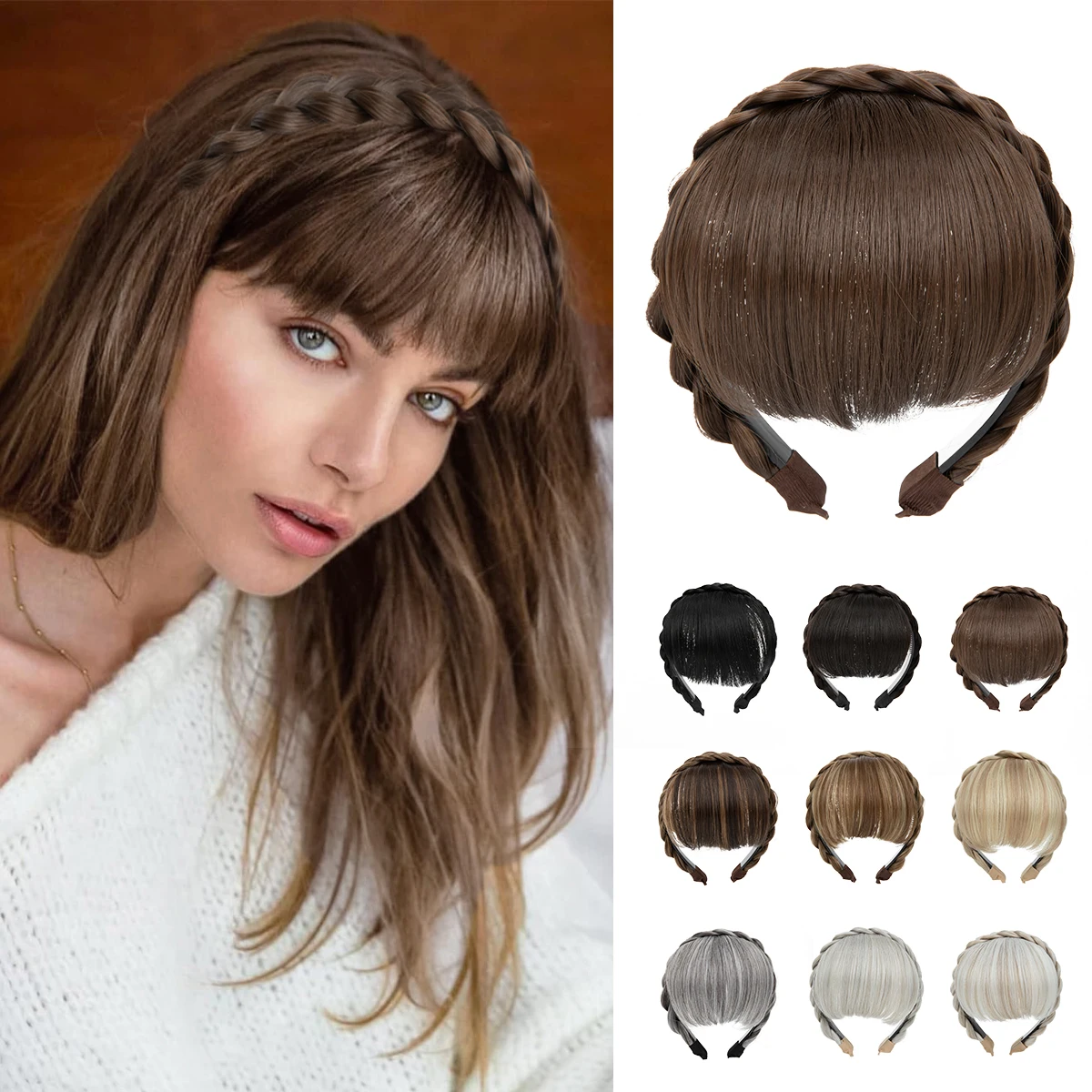 

Synthetic Headband Bangs Extension Fake Hair Blunt Fringe without Long Sides For Women Natural Flase Black Brown Hairpiece B11