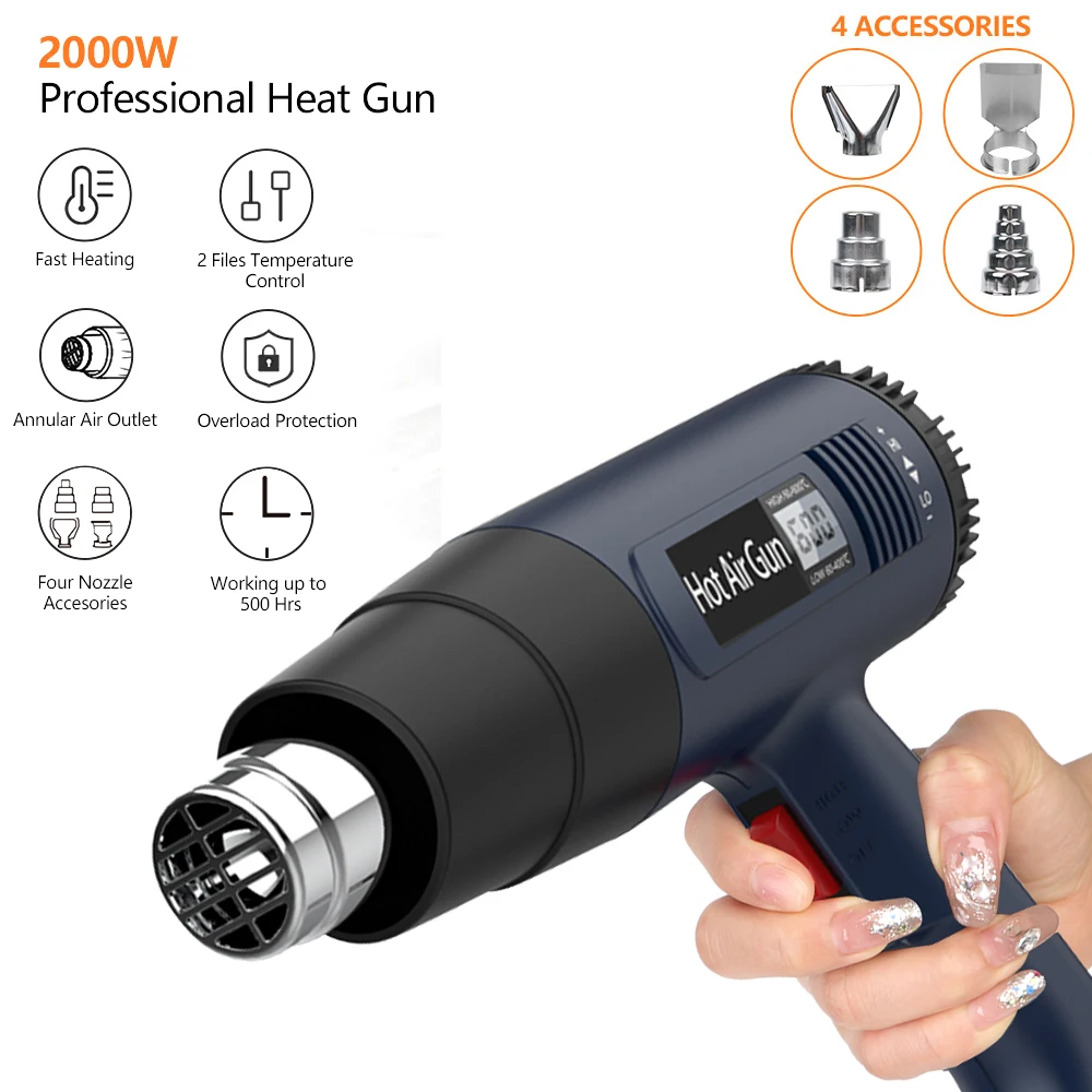 

Industrial Heat Gun 220V Hot Air Gun for Soldering Thermal Blower Shrink Wrapping Tools 2000W Air Dryer 60-600 ℃ EU US Plug