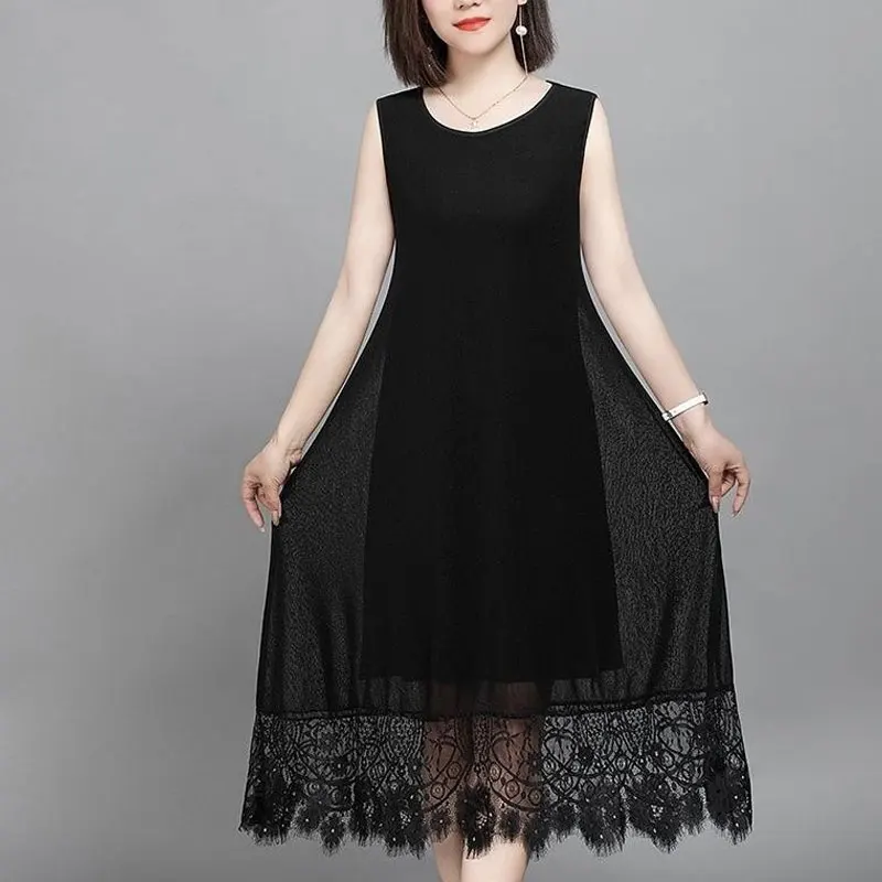 

Women's Clothing Basic Sundress Elegant Fashion Lace Spliced 2024 Summer Solid Color A-Line Waist Commute Sleeveless Midi Dress