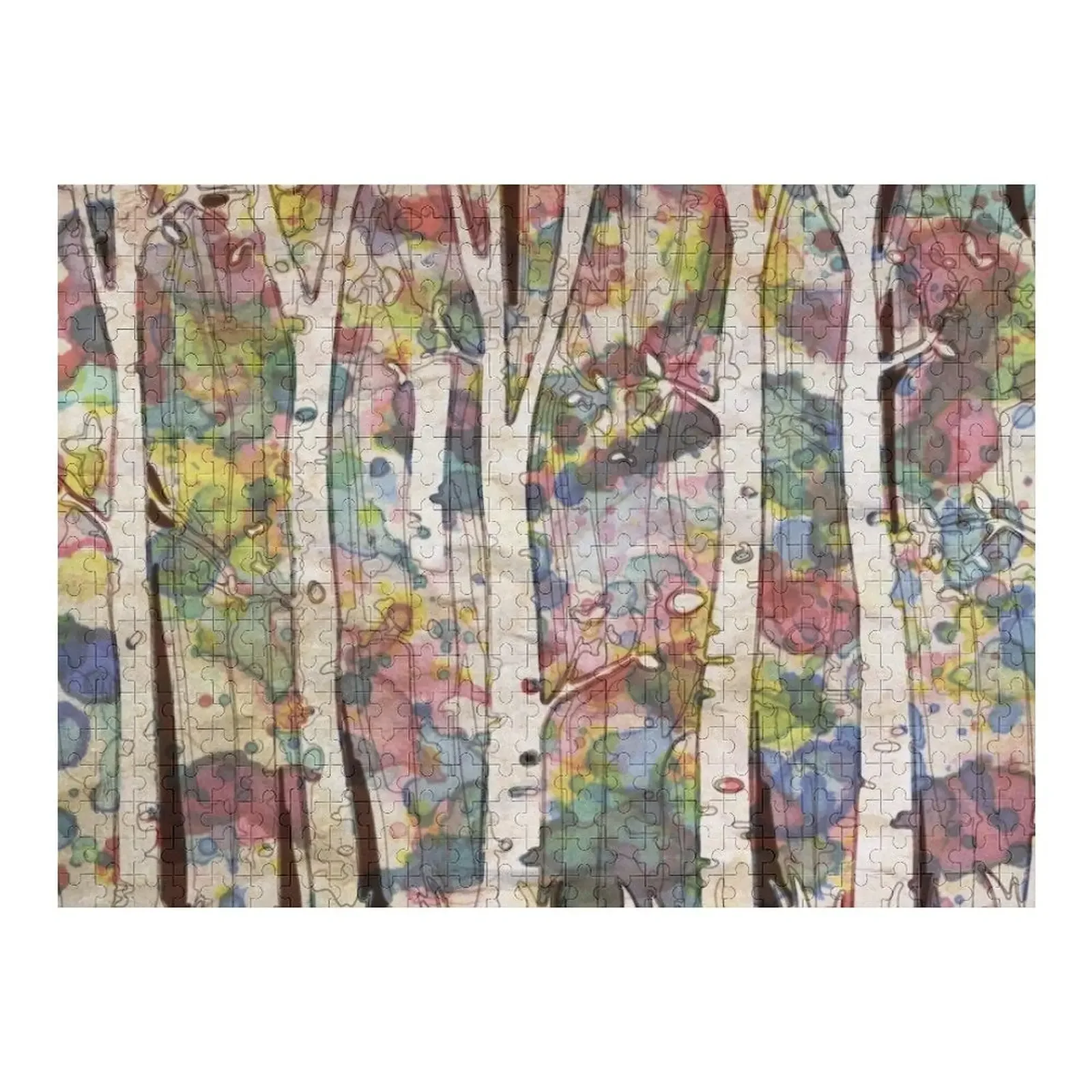 

watercolor colorful forest birch trees, quiet place, peace and serenity, in the forest of dreams Jigsaw Puzzle
