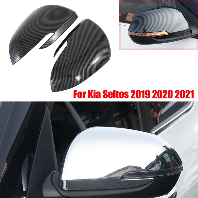 

For Kia Seltos 2019 2020 2021 ABS Carbon Fiber Chrome Silver Look Car Body Door Side Mirror Cover Trim Rear View Cap Sticker