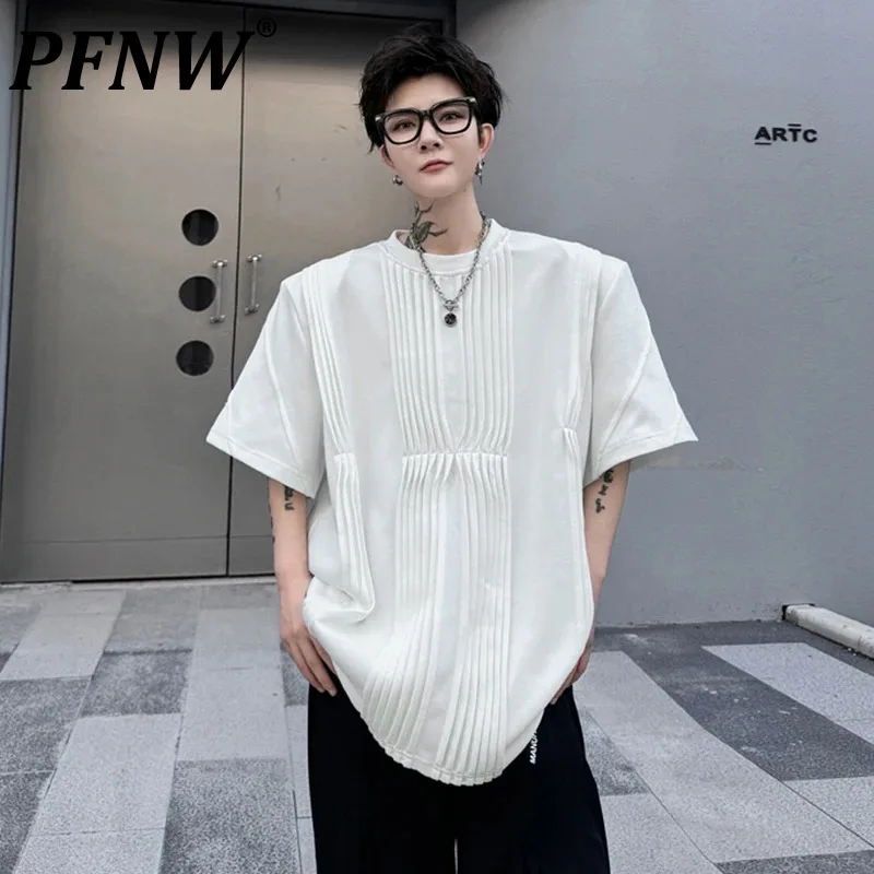 

PFNW Men's T-shirt 2024 Summer New Round Neck Pleated Knot Decoration Loose Short Sleeve Solid Color Versatile Male Top 28W3265