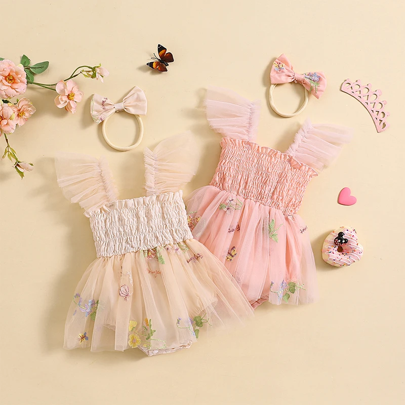 

3-24M Infant Baby Girls Rompers Dress Summer Fly Sleeve Flower Embroidered Mesh Tulle Skirt Hem Infant Bodysuits with Headband