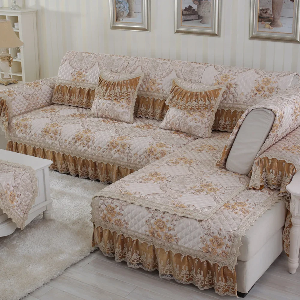 

Orange Luxury Linen Cotton Sofa Cover Jacquard Lace Cover Splicing Modular Sofa Slipcovers Non-slip Sofa Towel Pillow Case