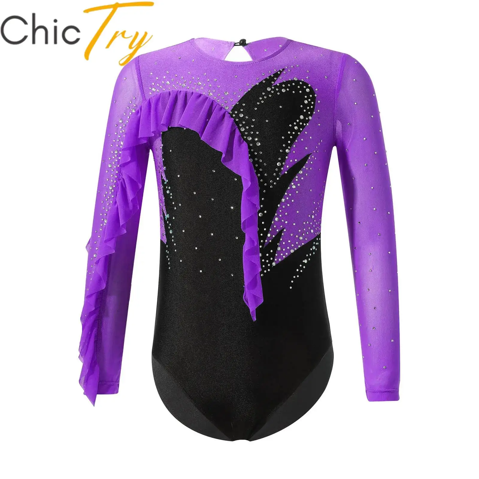 

Kids Girls Ballet Gymnastics Leotards Long Sleeve Rhinestone Ruffle Edge Hollow Back Skating Dance Bodysuit for Stage Costume