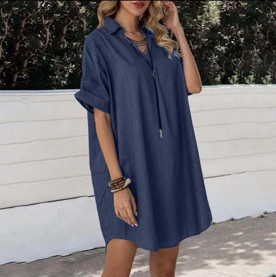 Women's Fashion Black Blue Loose Summer Dress Casual V-neck Polo Denim Solid Short Sleeve Swallowtail Dresses Vestidos
Women's Fashion Black Blue Loose Summer Dress Casual V-neck Polo Denim Solid Short Sleeve Swallowtail Dresses Vestidos