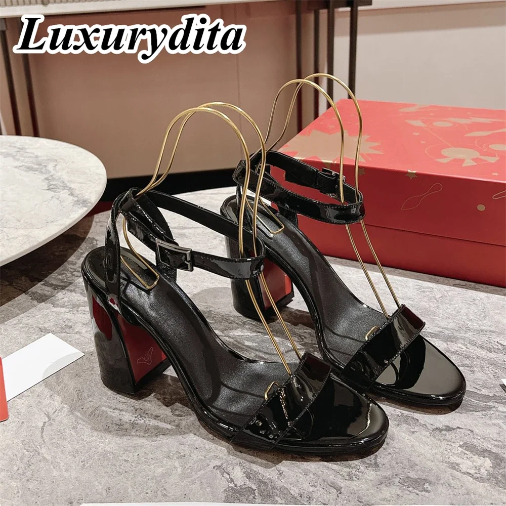 

LUXURYDITA Women Chunky Sandal Luxury High Heels Designer Customize Red Heel Miss Sabina Socialite Dinner shoes H349