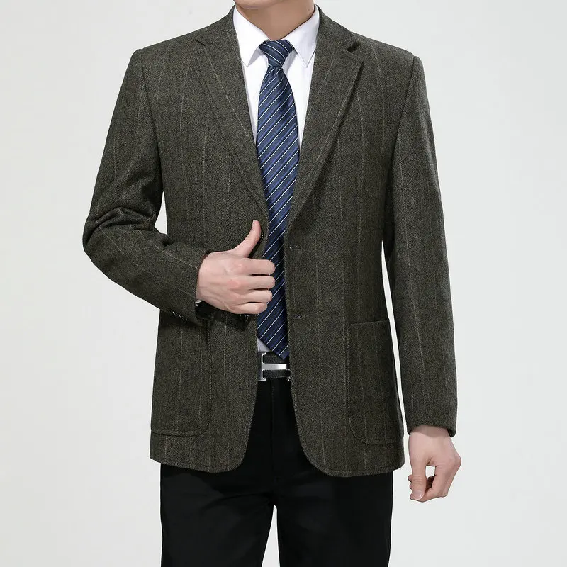 

Men Elegant Sheep Wool Blazers Gray Camel Vertical Striped Woolen Blend Suit Jacket Male Basic Style Outfit Uniform Mans Attire