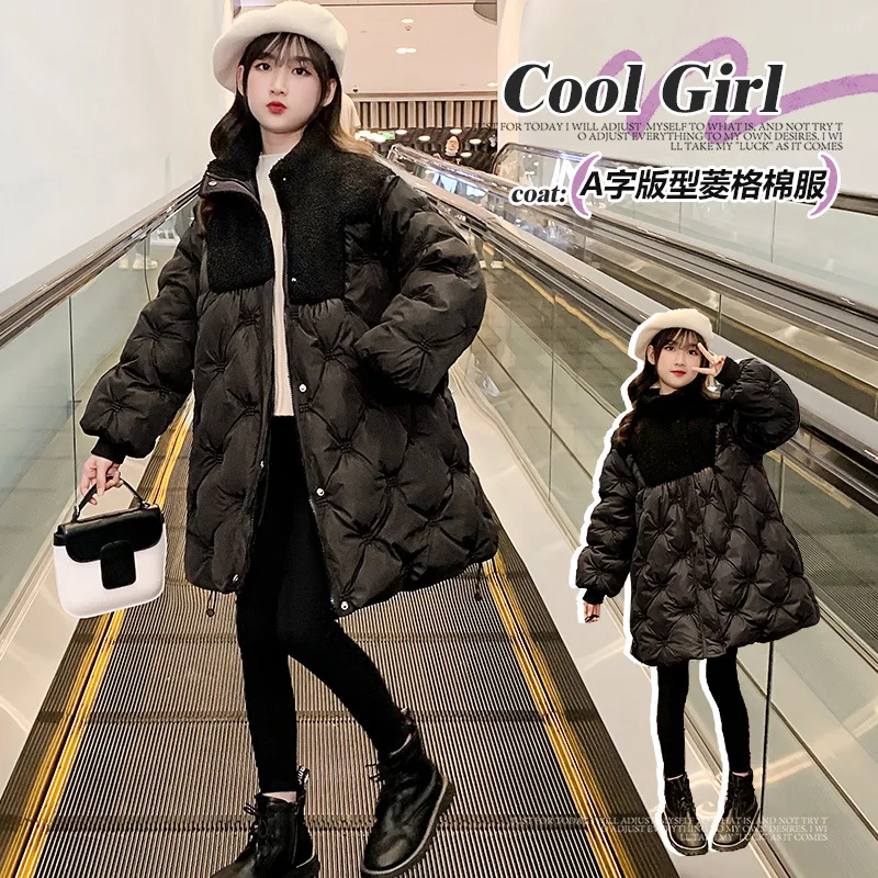 

Winter Girl Warm Cotton Parka&coats Teenagers Children Fashion Rhombic Lattice Thickened Windproof Long Jacket Clothes for 3-15Y