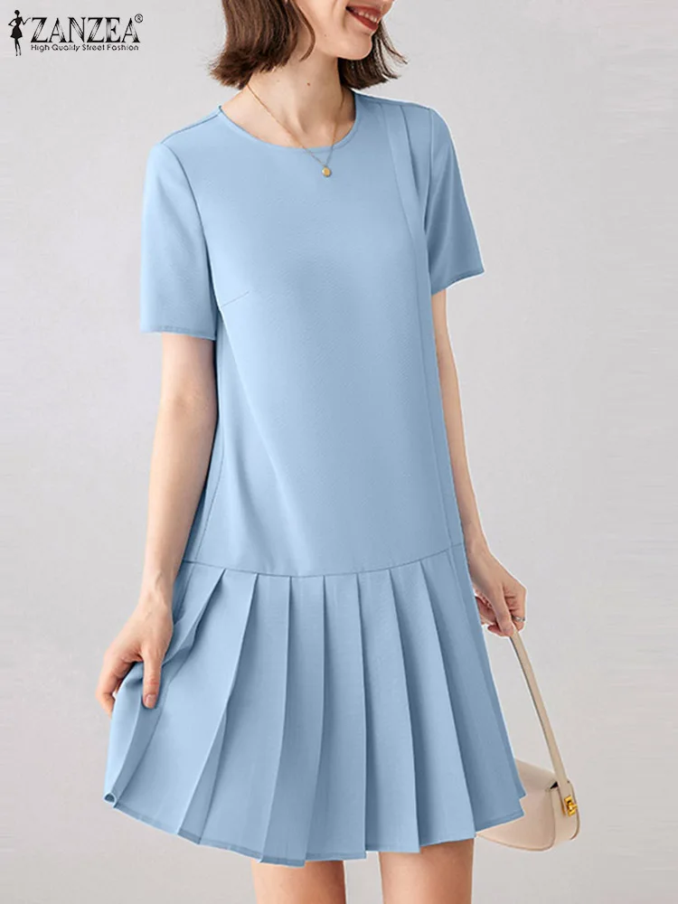 

2024 ZANZEA Korean Fashion OL Work Dress Casual Ruffles Hem Sundress Short Sleeve O-Neck Solid Dresses Woman Elegant Vestidos