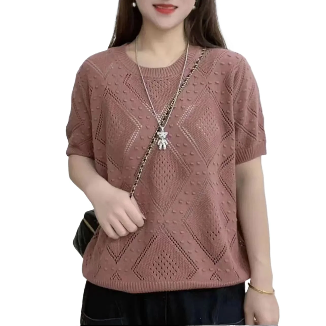 

All-match Fashion Hollow Out Knitted O-Neck T-shirt for Female Summer Simplicity Commute Solid Color Tops Women's Clothing