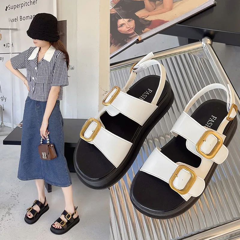 

Low Sandals Woman Leather Soft Shoes Lady 2024 Summer Heels Buckle Suit Female Beige Low-heeled Comfort New Girls Beach Fashion
