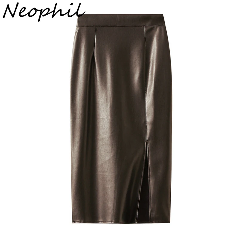 

Neophil PU Leather Pencil Skirt 2023 Winter Women Vintage Bodycon Front Split Ladies Black Solid Slim Faux Midi Hip Skirt S23102