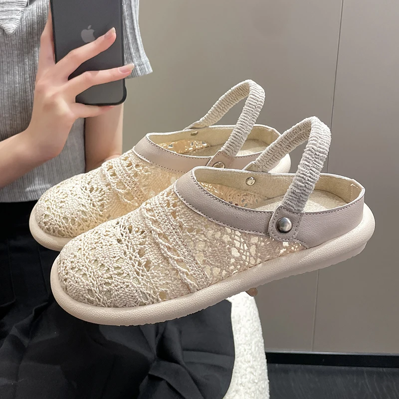

ZOOKERLIN 2024 Summer New Woven Women's Pumps Hollow Breathable Lazy Shoes Mary Jane Ethnic Style Slip on Slides Flower Slippers