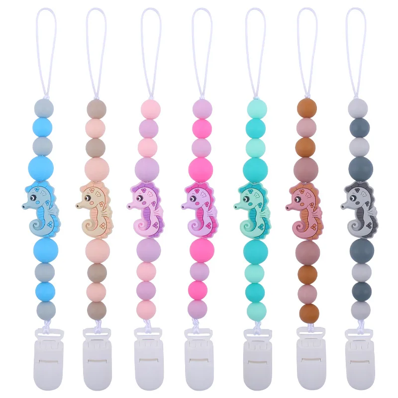 

New Teether Soother Clip Dummy Chain Clip Silicone Beads Cartoon Hippocampus Cute Baby Pacifier Clip Holder Baby Teething Toys