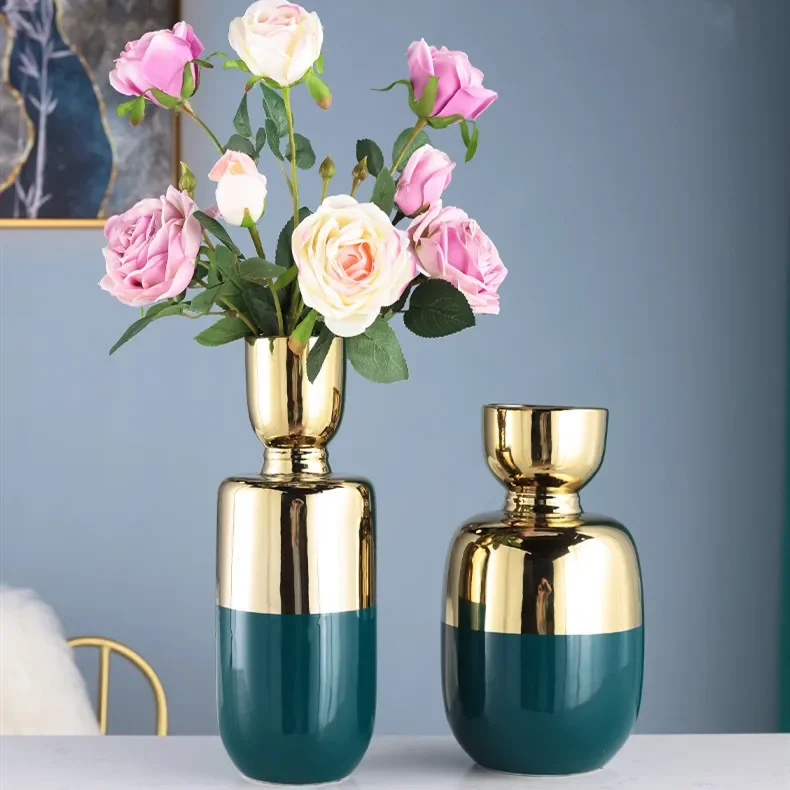 

Green Gold Ceramics Hydroponic Vase Living Room Ornaments Flower Arrangement Desktop Vase Home Decoration Furnishings Crafts