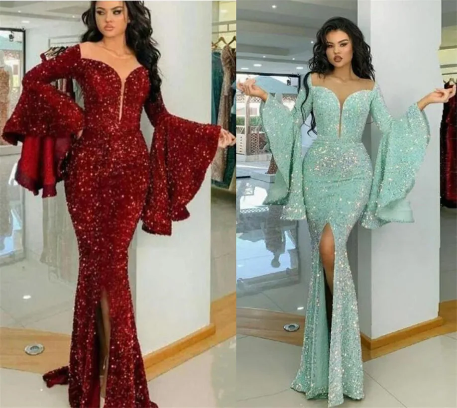 

Wine Red Sequins Evening Dresses Pagoda Long Sleeves Mermaid 2023 Women Formal Party Gowns mat gala 2022 فساتين حفلات