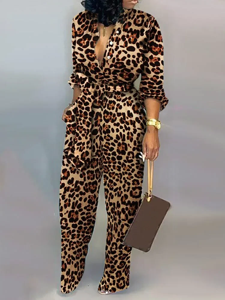 

Женский леопардовый комбинезон с завязкой на талии и длинным рукавом, модный цельный комбинезон, повседневные Комбинезоны, уличная одежда, Прямая поставка