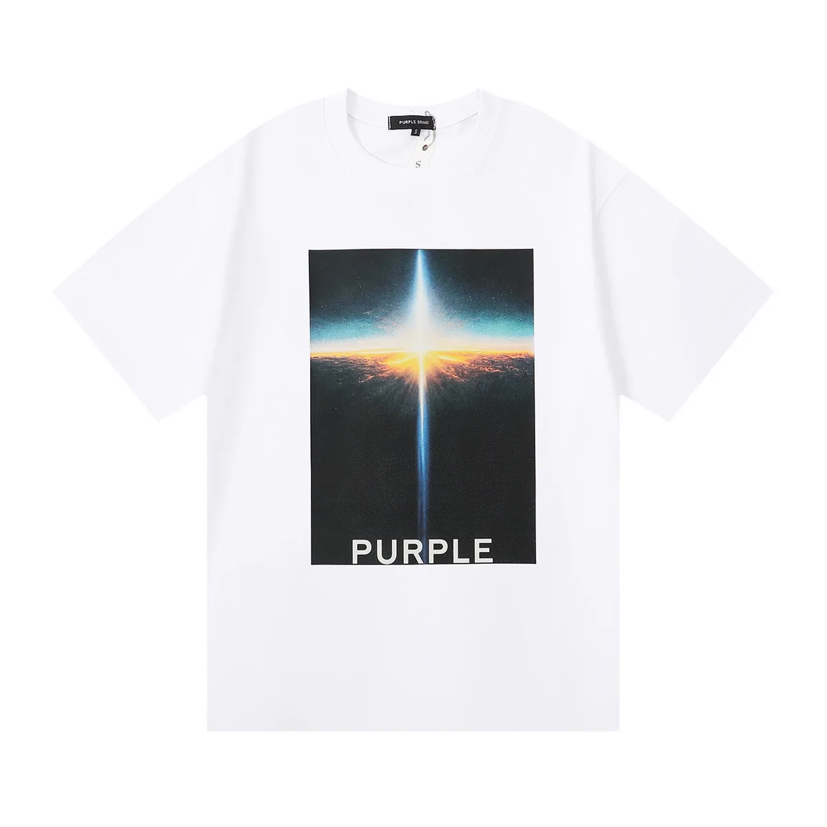 

Purple Brand 2024 high-quality tide Purple cloud sea sunrise HD printing double yarn cotton casual short-sleeved T-shirt men
