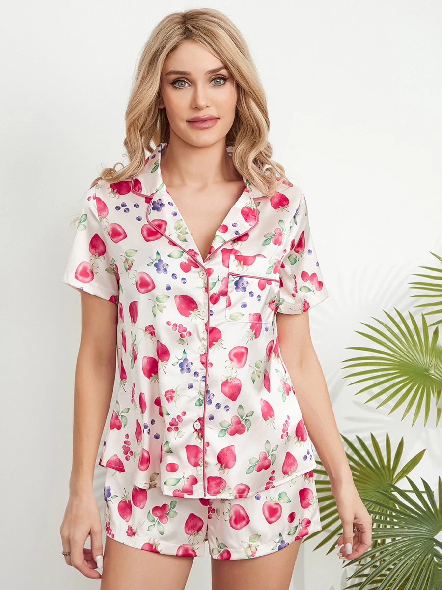 

Women Summer Pajama Set Cute Strawberry Print Short Sleeves Buttons Tops + Elastic Shorts 2 Piece for Loungewear Soft Sleepwear