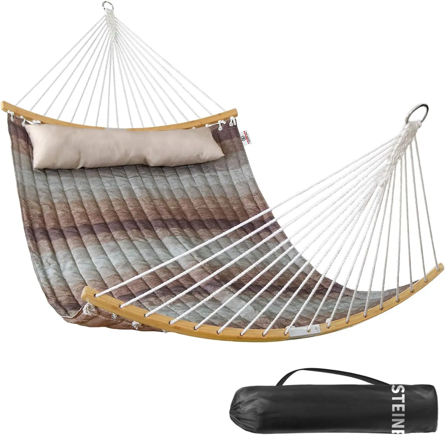 

Double Hammock, 11 FT Quilted Fabric 2 Person Hammock for Outside with Pillow, Folding Curved Spreader Bar, Chains