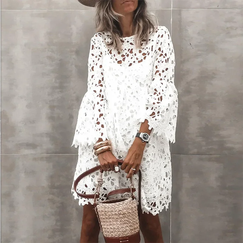 

Hollow Out Ruffles White Lace Dress Women Summer Dress Flared Sleeve Mini Dresses Ladies Casual Two Pieces Beach Sundress