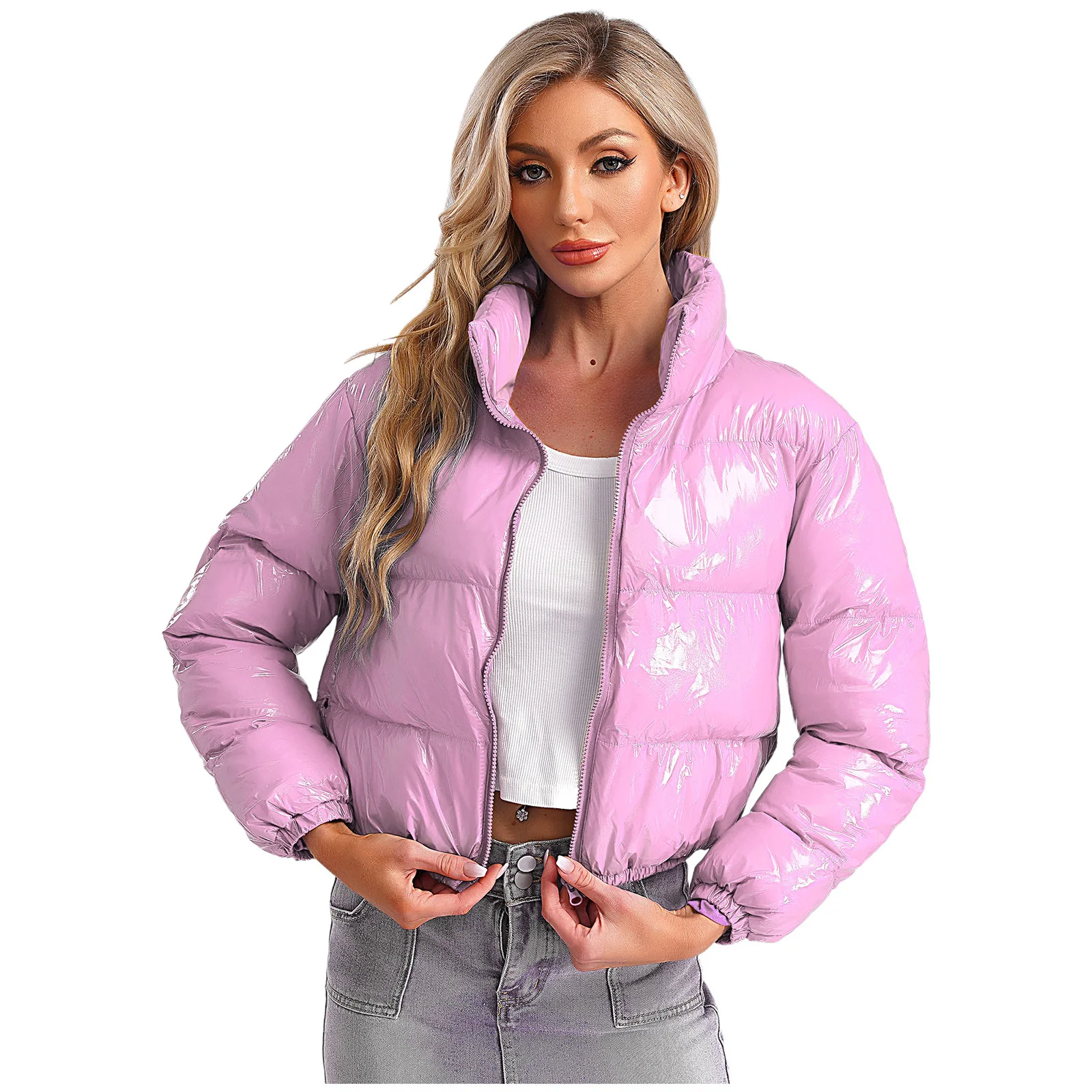 Women's Metallic Glossy Puffy Padded Jacket Quilted Outerwear Coat with Zipper Winter Stand Collar Outdoor Streetwear Women's Metallic Glossy Puffy Padded Jacket Quilted Outerwear Coat with Zipper Winter Stand Collar Outdoor Streetwear