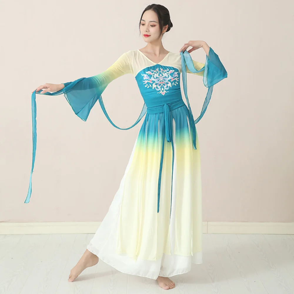 

Classical Dance Performance Costume Sets Women's Flowing Fairy Hanfu Dresses Chinese Folk Dance Body Rhyme Yarn Practice Clothes