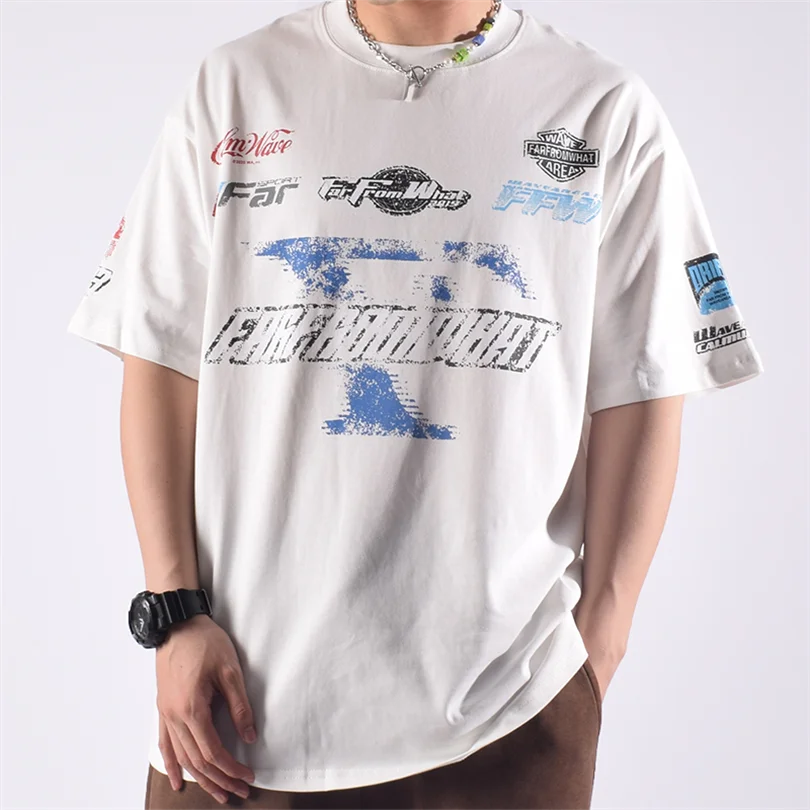 

Far archive Korean trendy racing letter short sleeved high street summer casual washed pure cotton printed T-shirt Oversize